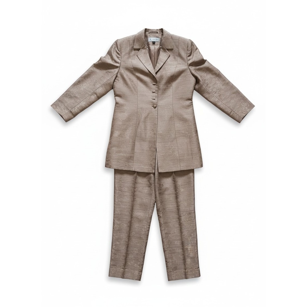 Travis Ayers Taupe Silk Pant‎ Suit 2pc Jacquard Blazer Trousers, Women's Size 8